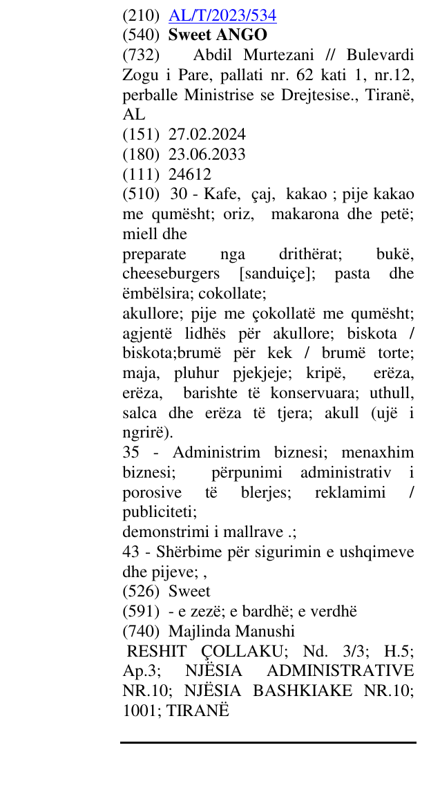 Zëri i markës Sweet ANGO në buletin