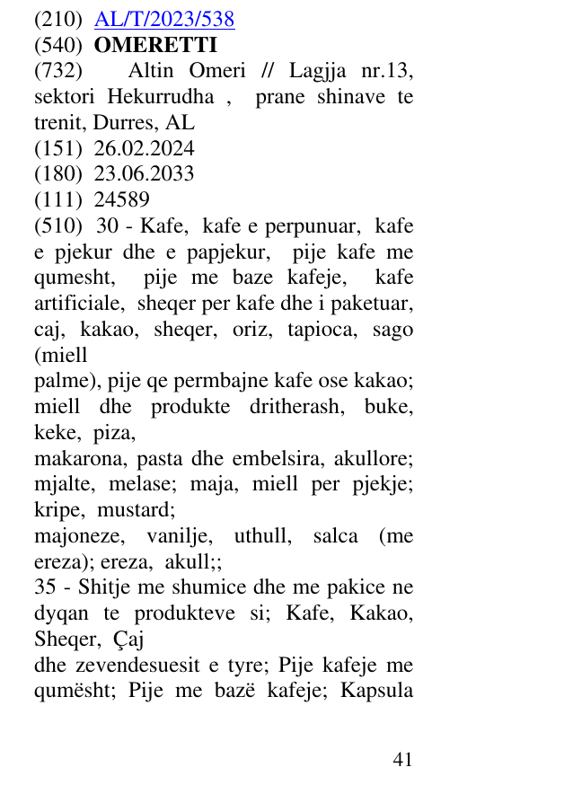 Zëri i markës OMERETTI në buletin