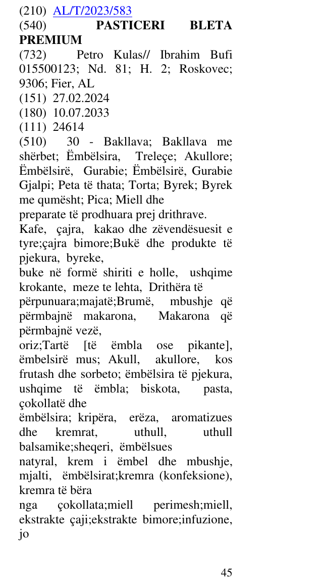 Zëri i markës PASTICERI BLETA PREMIUM në buletin