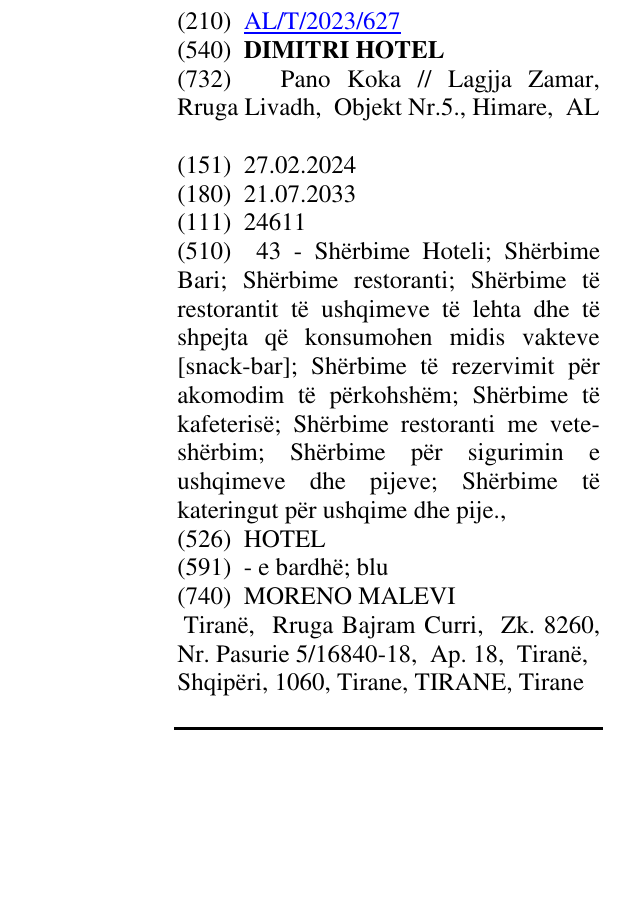 Zëri i markës DIMITRI HOTEL në buletin