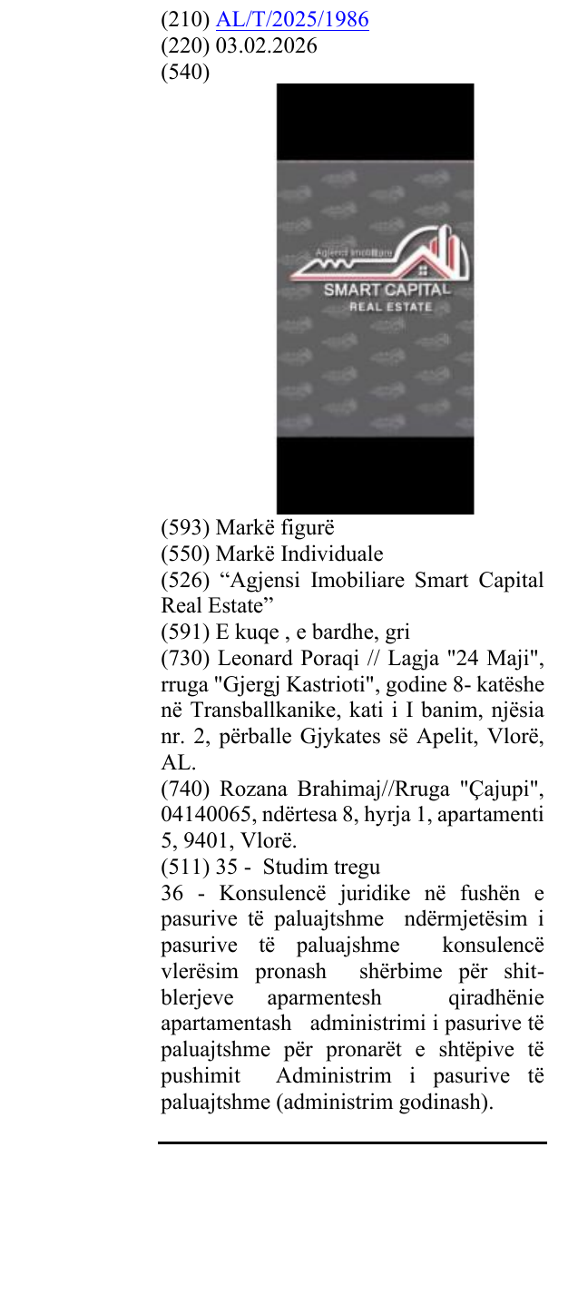 Zëri i markës “Agjensi Imobiliare Smart Capital Real Estate” në buletin