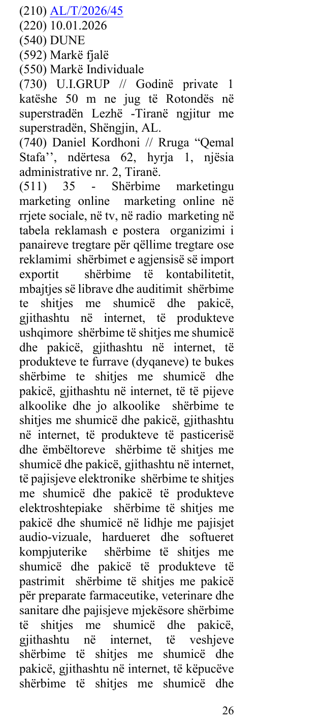 Zëri i markës DUNE në buletin