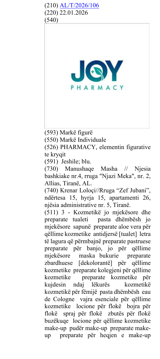 Zëri i markës PHARMACY, elementin figurative te kryqit në buletin