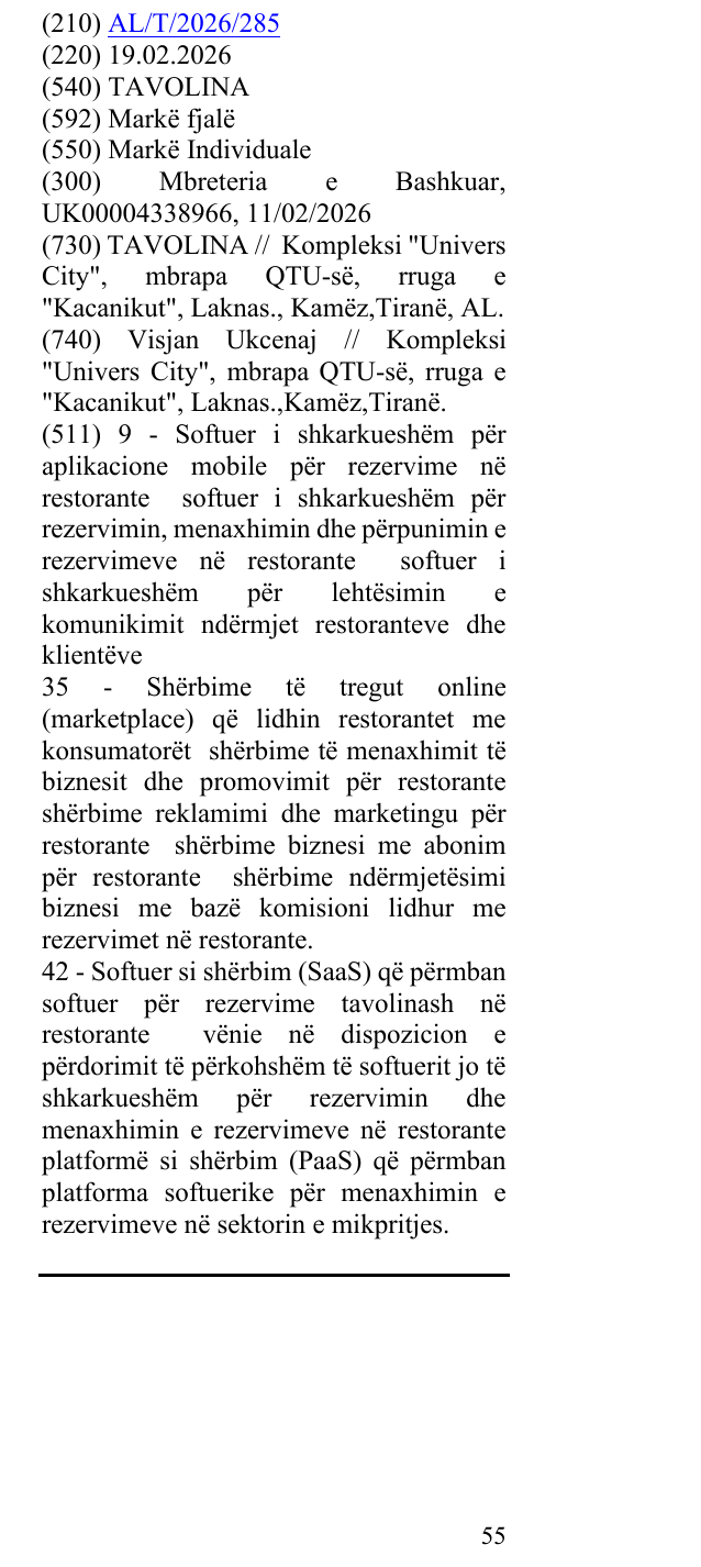 Zëri i markës TAVOLINA në buletin