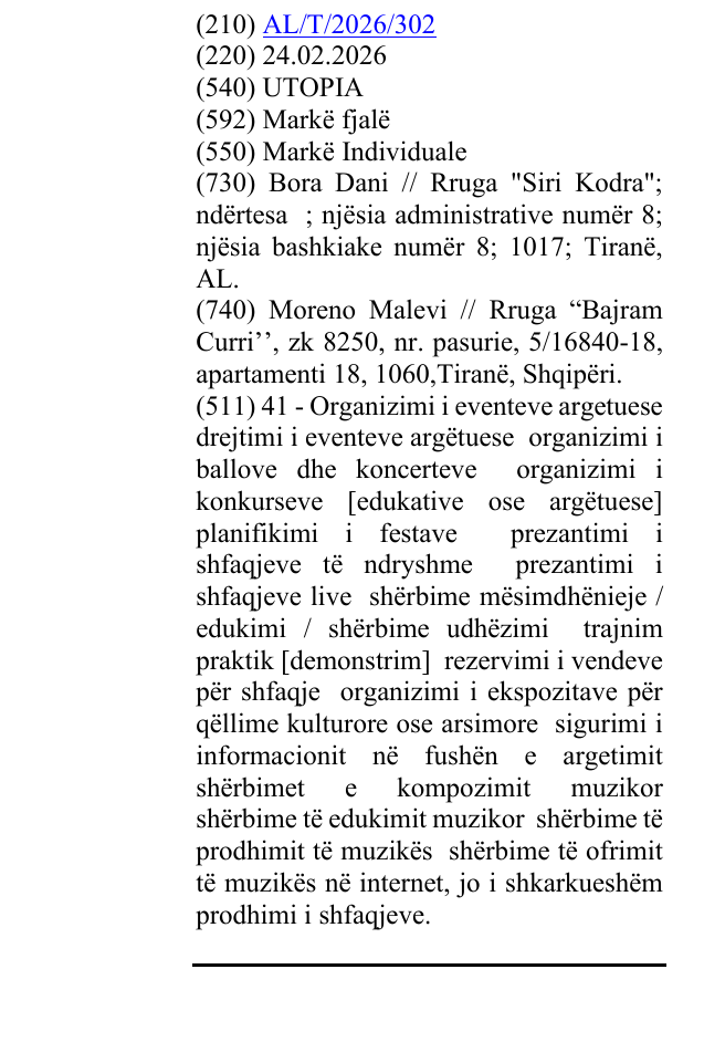 Zëri i markës UTOPIA në buletin