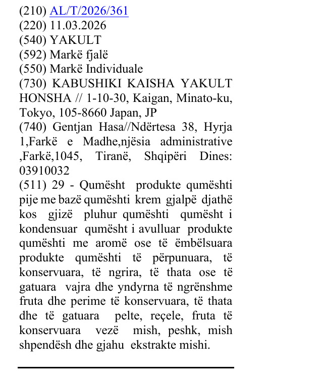 Zëri i markës YAKULT në buletin
