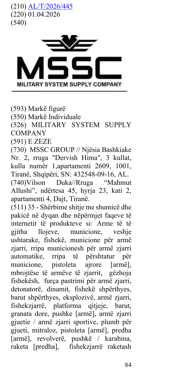 Zëri i markës MILITARY SYSTEM SUPPLY COMPANY në buletin