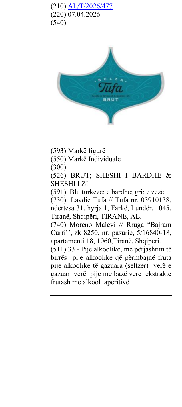 Zëri i markës BRUT; SHESHI I BARDHË & SHESHI I ZI në buletin
