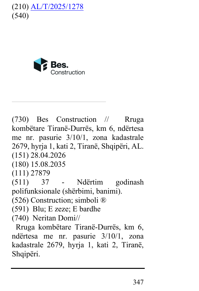 Zëri i markës Construction; simboli ® në buletin