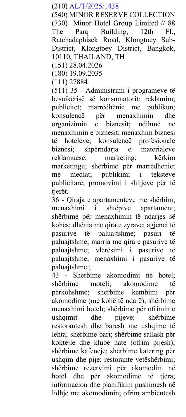 Zëri i markës MINOR RESERVE COLLECTION në buletin
