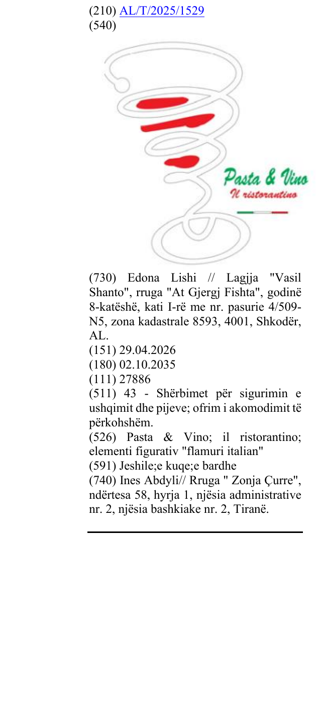 Zëri i markës Pasta & Vino; il ristorantino; elementi figurativ "flamuri italian" në buletin