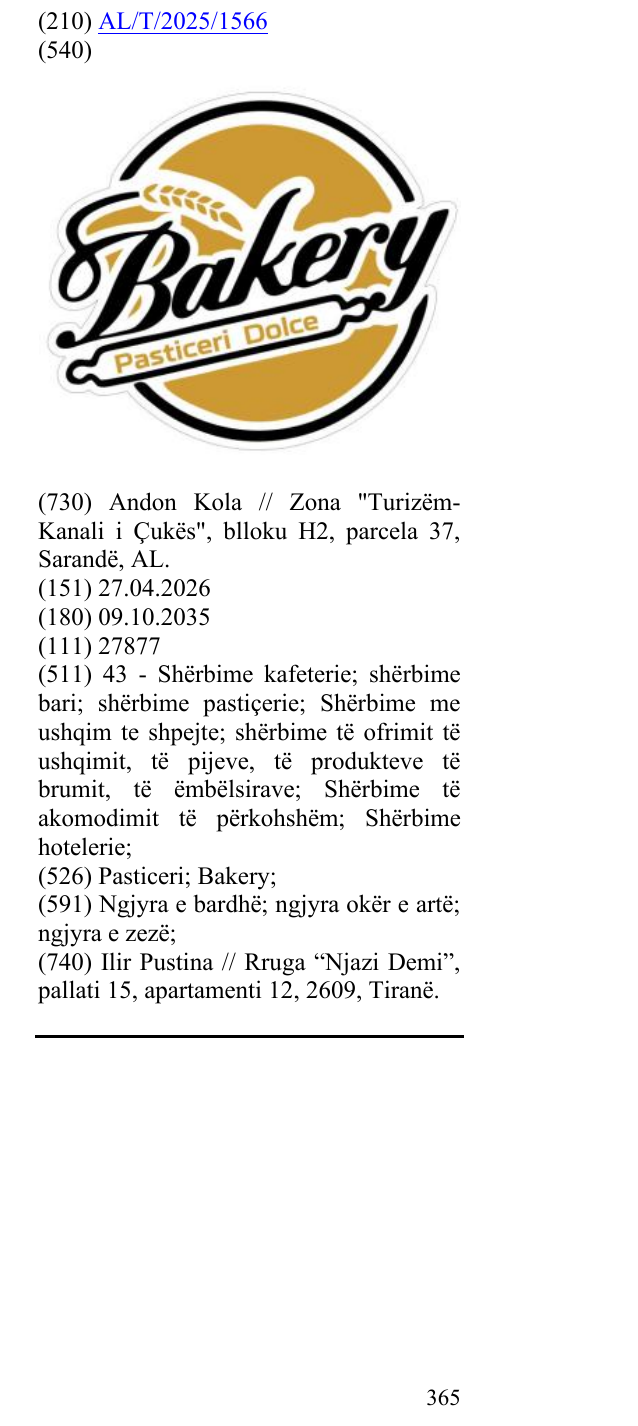 Zëri i markës Pasticeri; Bakery; në buletin
