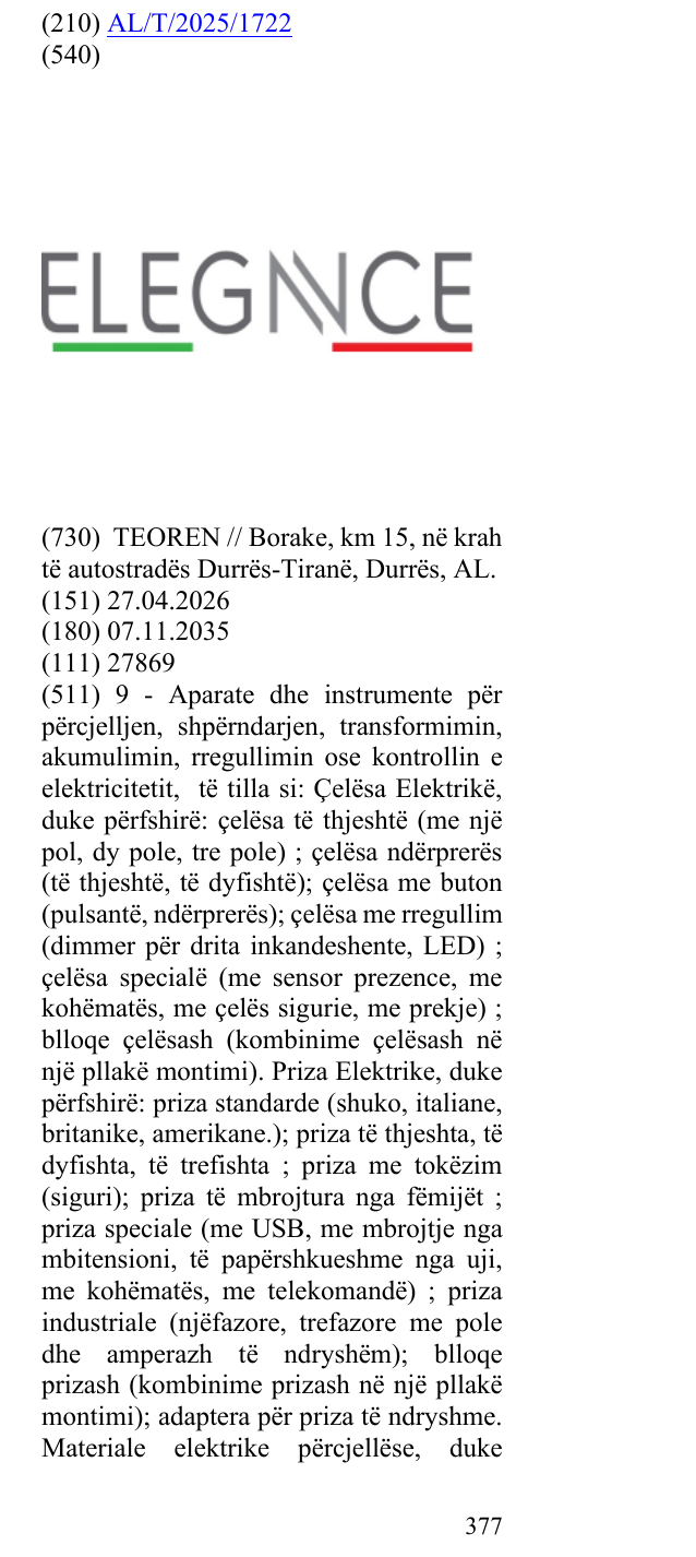 Zëri i markës “elementit figurative ngjyrat e flamurit Italian në buletin