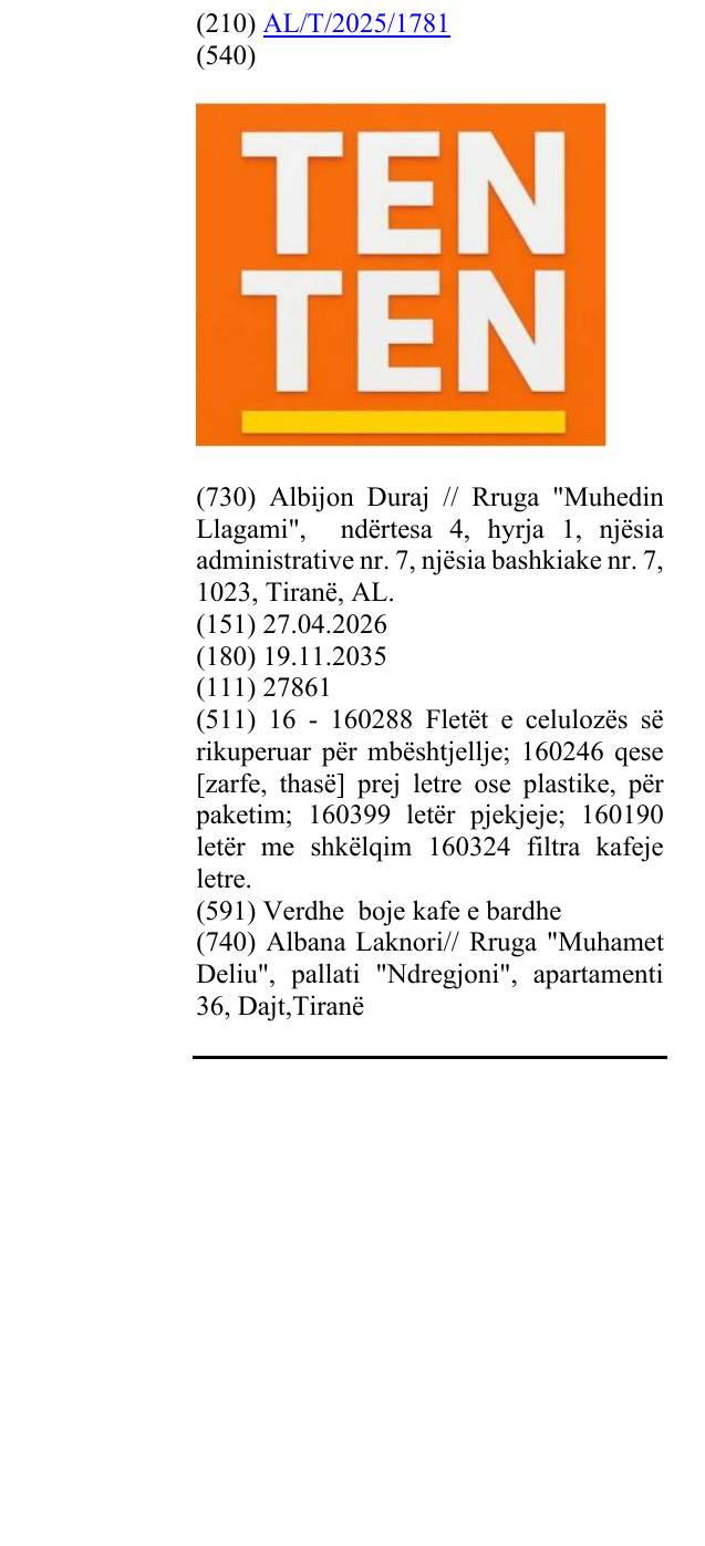 Zëri i markës TEN TEN në buletin