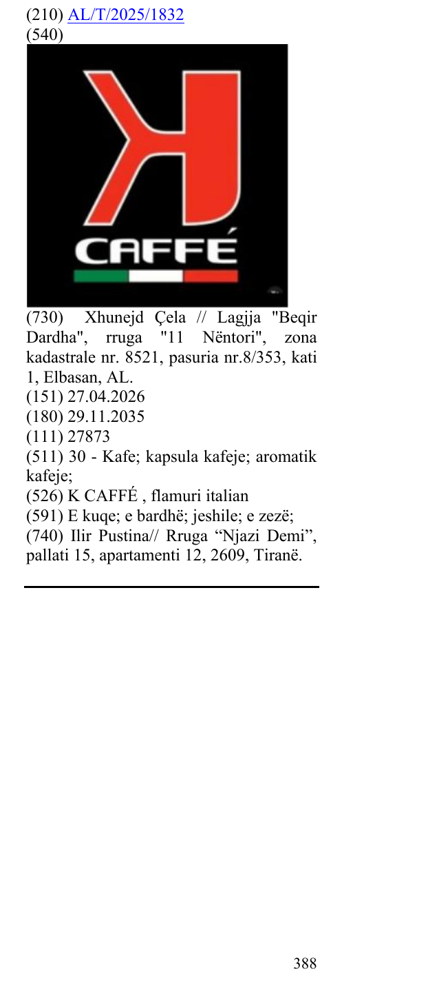 Zëri i markës K CAFFÉ , flamuri italian në buletin