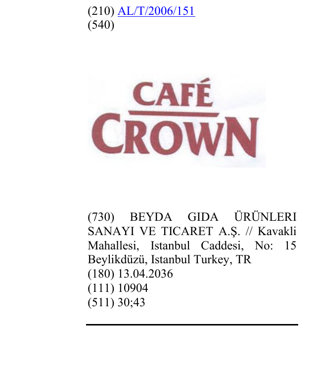 Zëri i markës CAFÉ CROWN në buletin
