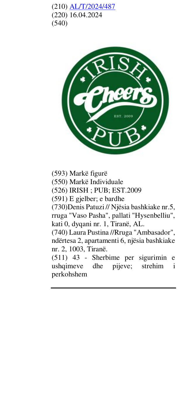 Zëri i markës IRISH ; PUB; EST.2009 në buletin