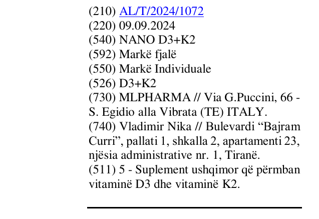 Zëri i markës NANO D3+K2 në buletin