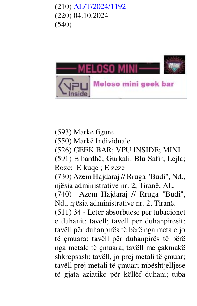 Zëri i markës GEEK BAR; VPU INSIDE; MINI në buletin