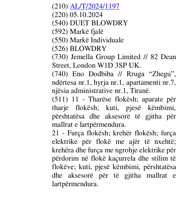 Zëri i markës DUET BLOWDRY në buletin