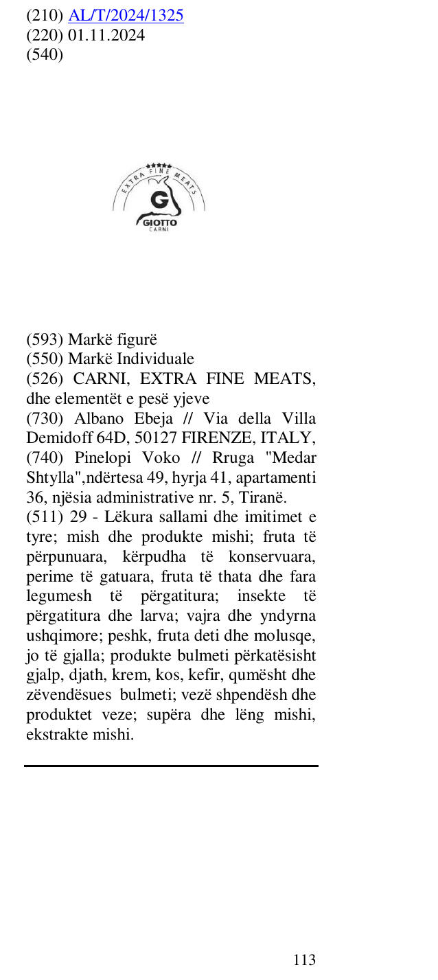 Zëri i markës CARNI, EXTRA FINE MEATS, dhe elementët e pesë yjeve në buletin