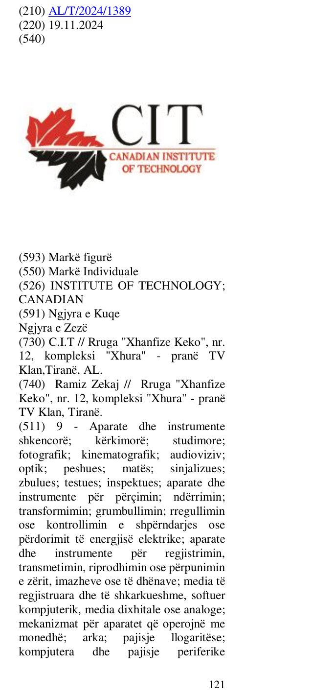 Zëri i markës INSTITUTE OF TECHNOLOGY; CANADIAN në buletin