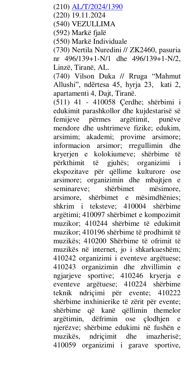 Zëri i markës VEZULLIMA në buletin
