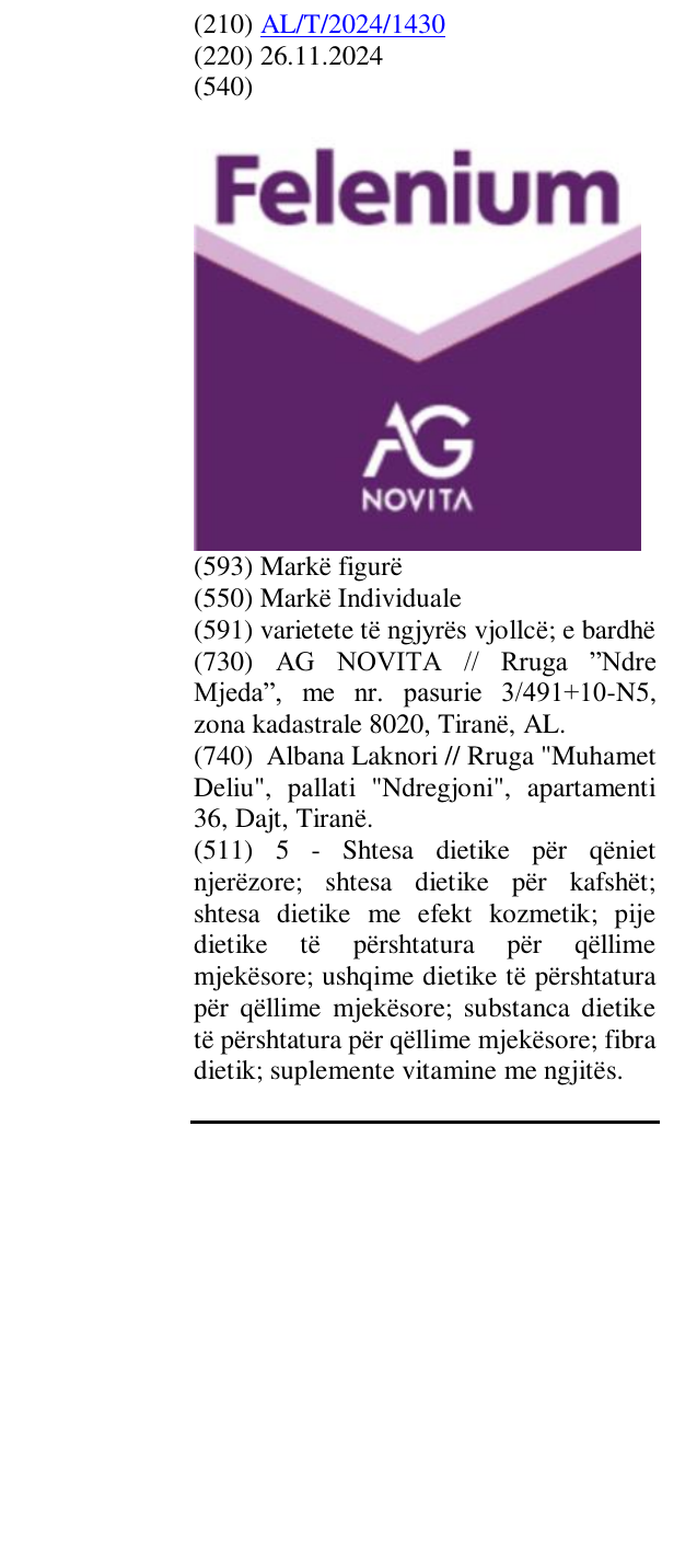Zëri i markës FELENIUM AG NOVITA në buletin