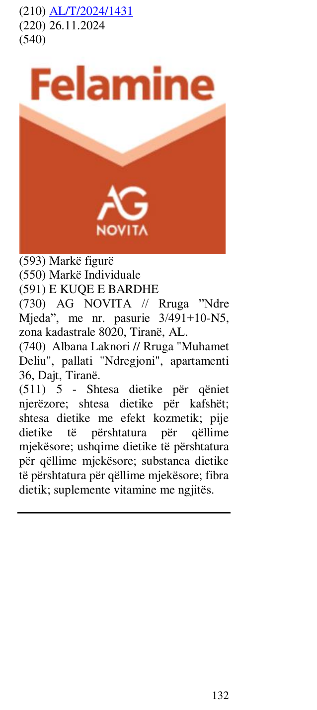 Zëri i markës FELAMINE AG NOVITA në buletin