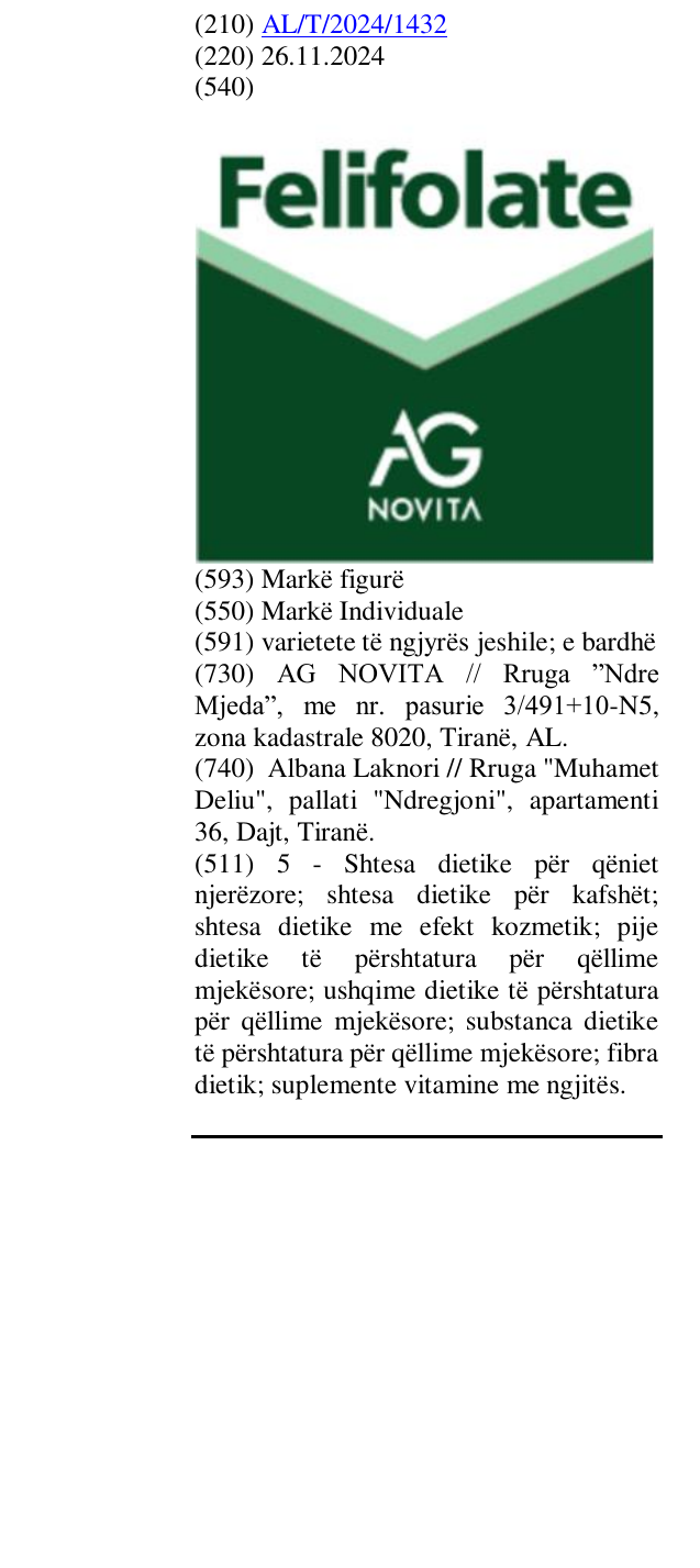 Zëri i markës FELIFOLATE AG NOVITA në buletin