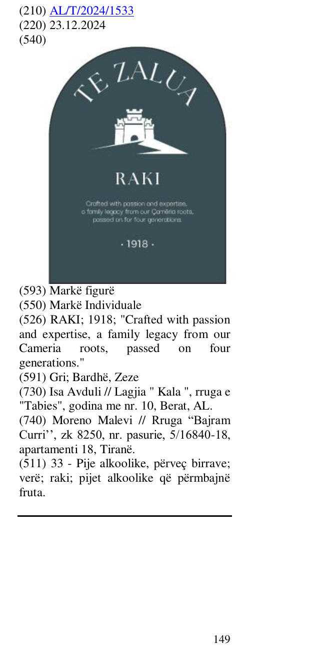 Zëri i markës RAKI; 1918; "Crafted with passion and expertise, a family legacy from our Cameria roots, passed on four generations." në buletin