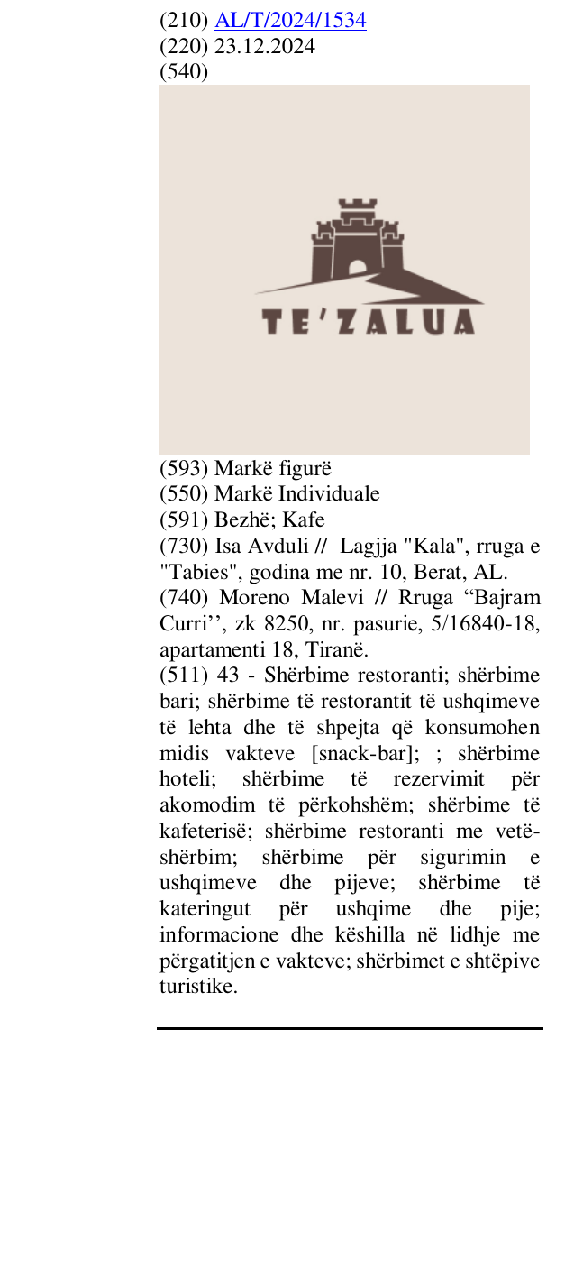 Zëri i markës TE ' ZALUA në buletin