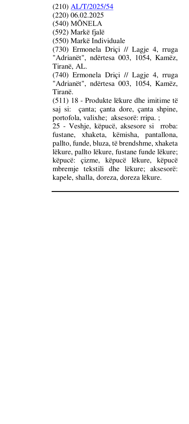 The entry of the trademark MŌNELA in the bulletin