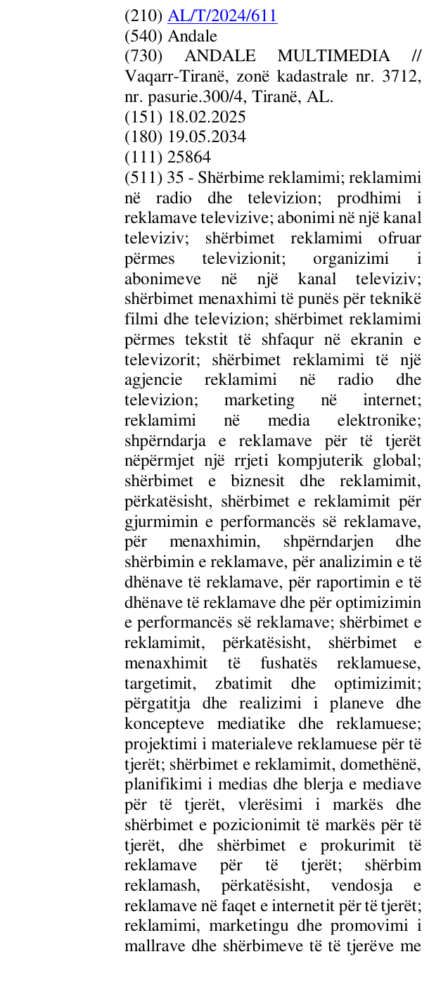Zëri i markës Andale në buletin
