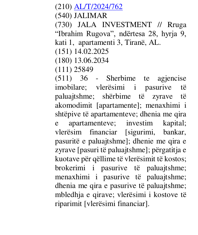 Zëri i markës JALIMAR në buletin