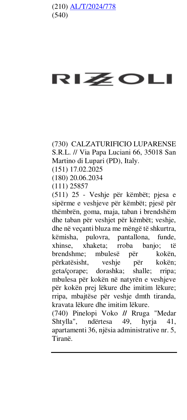 Zëri i markës RIZZOLI në buletin