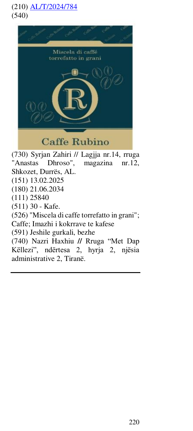 Zëri i markës "Miscela di caffe torrefatto in grani"; Caffe; Imazhi i kokrrave te kafese në buletin