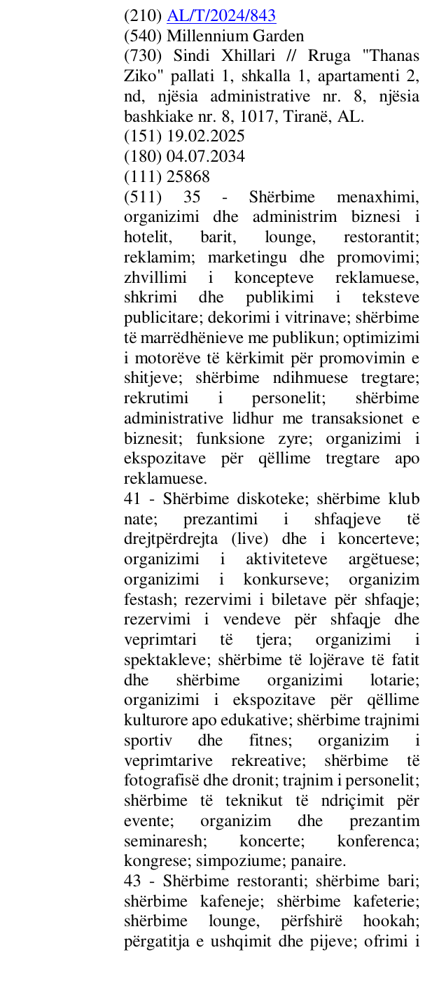 Zëri i markës Millennium Garden në buletin