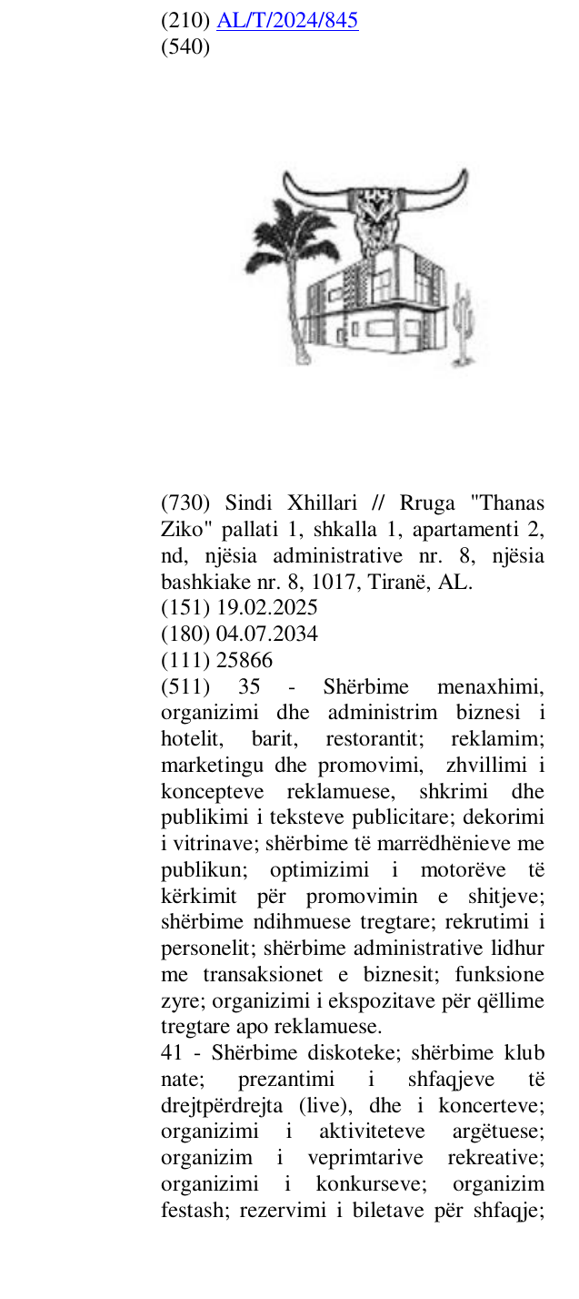 Zëri i markës AL/T/2024/845 në buletin
