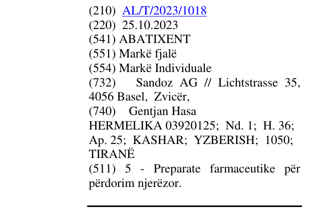 Zëri i markës ABATIXENT në buletin