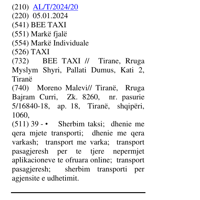 Zëri i markës TAXI në buletin