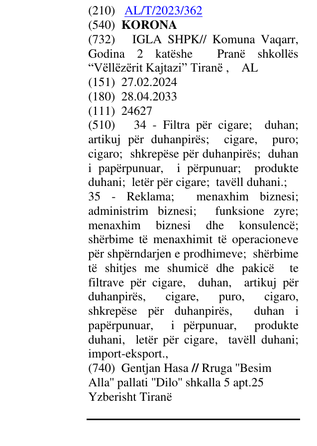Zëri i markës KORONA në buletin