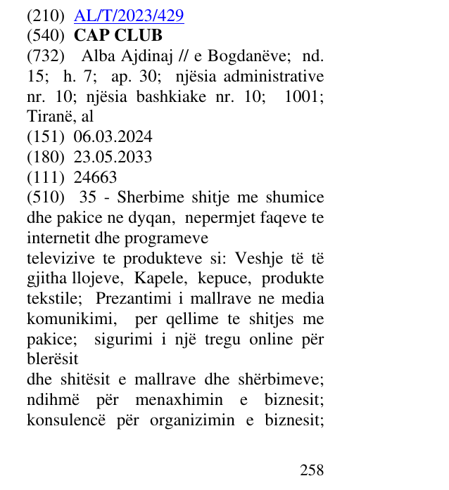 Zëri i markës CAP CLUB në buletin