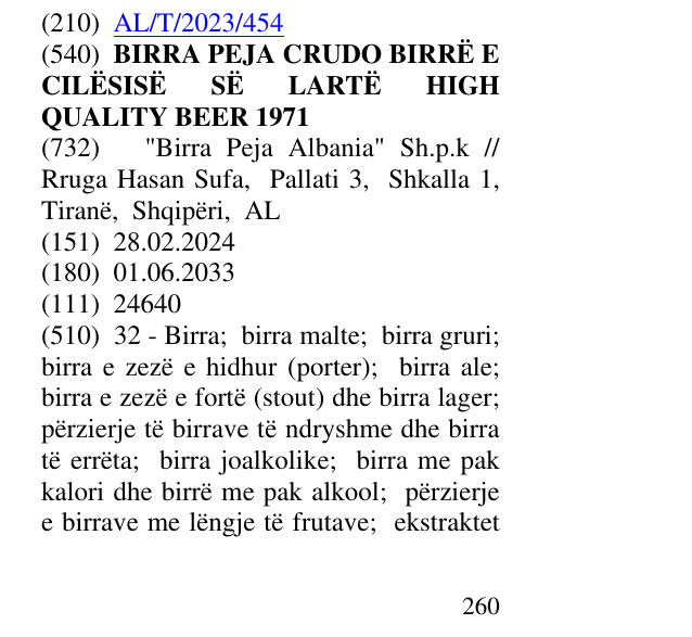 Zëri i markës BIRRA PEJA CRUDO BIRRË E CILËSISË SË LARTË HIGH QUALITY BEER 1971 në buletin