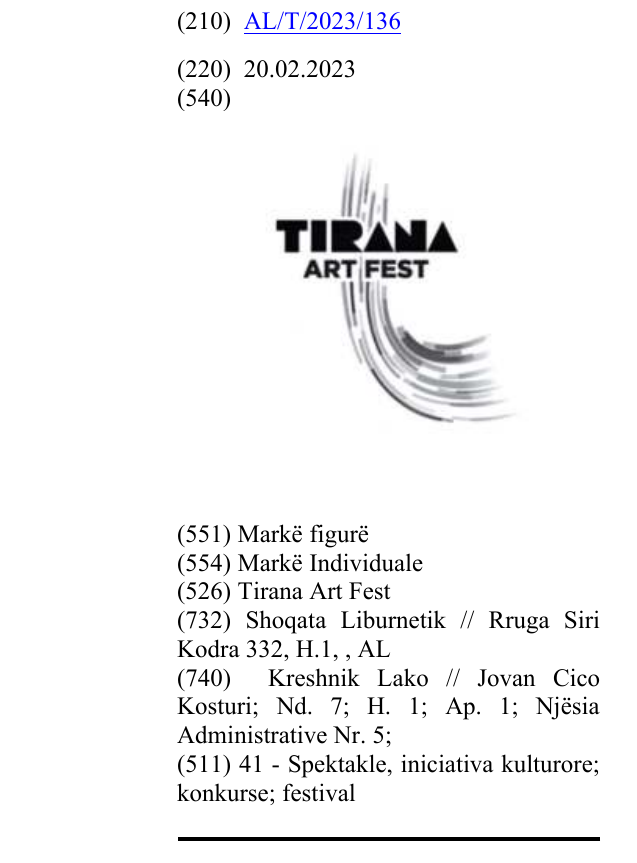 Zëri i markës Tirana Art Fest në buletin