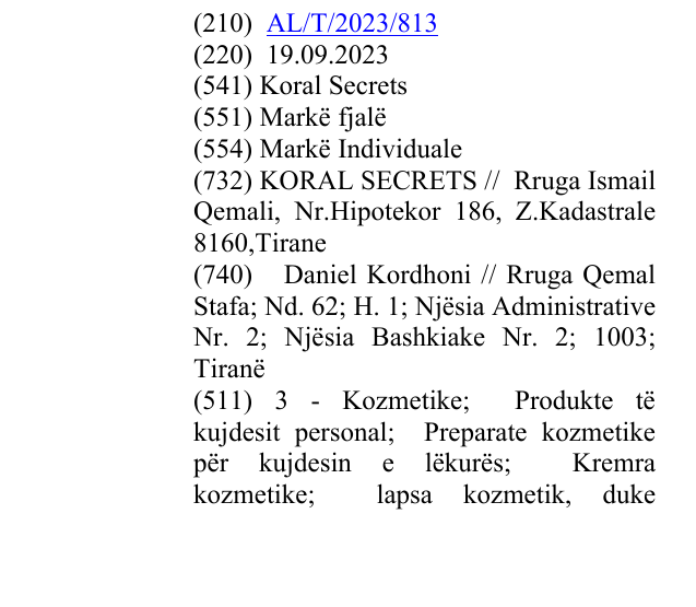 Der Eintrag der Marke Koral Secrets im Bulletin