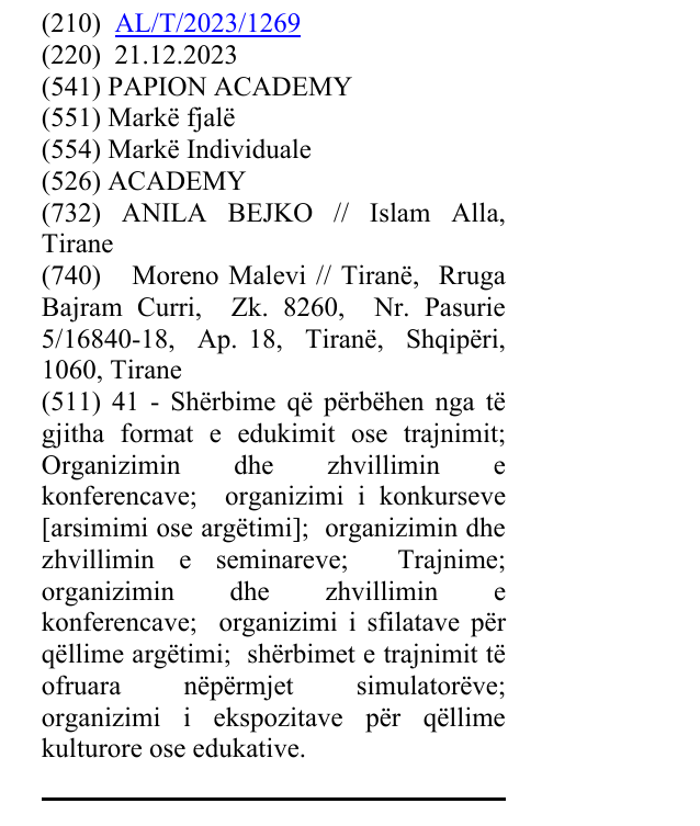 Zëri i markës ACADEMY në buletin