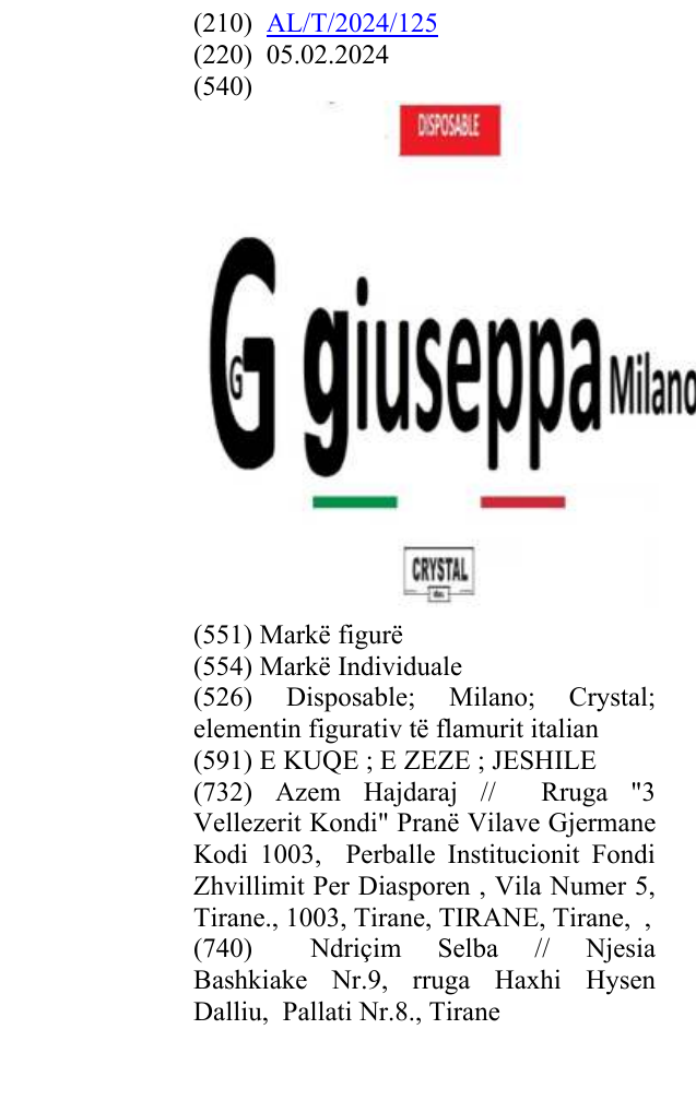 Zëri i markës Disposable; Milano; Crystal; elementin figurativ të flamurit italian në buletin
