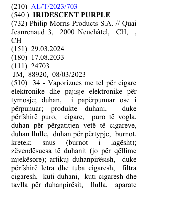 Zëri i markës IRIDESCENT PURPLE në buletin