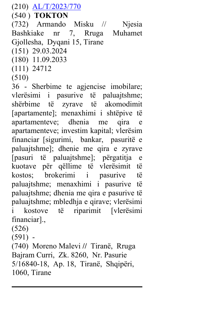 Zëri i markës TOKTON në buletin
